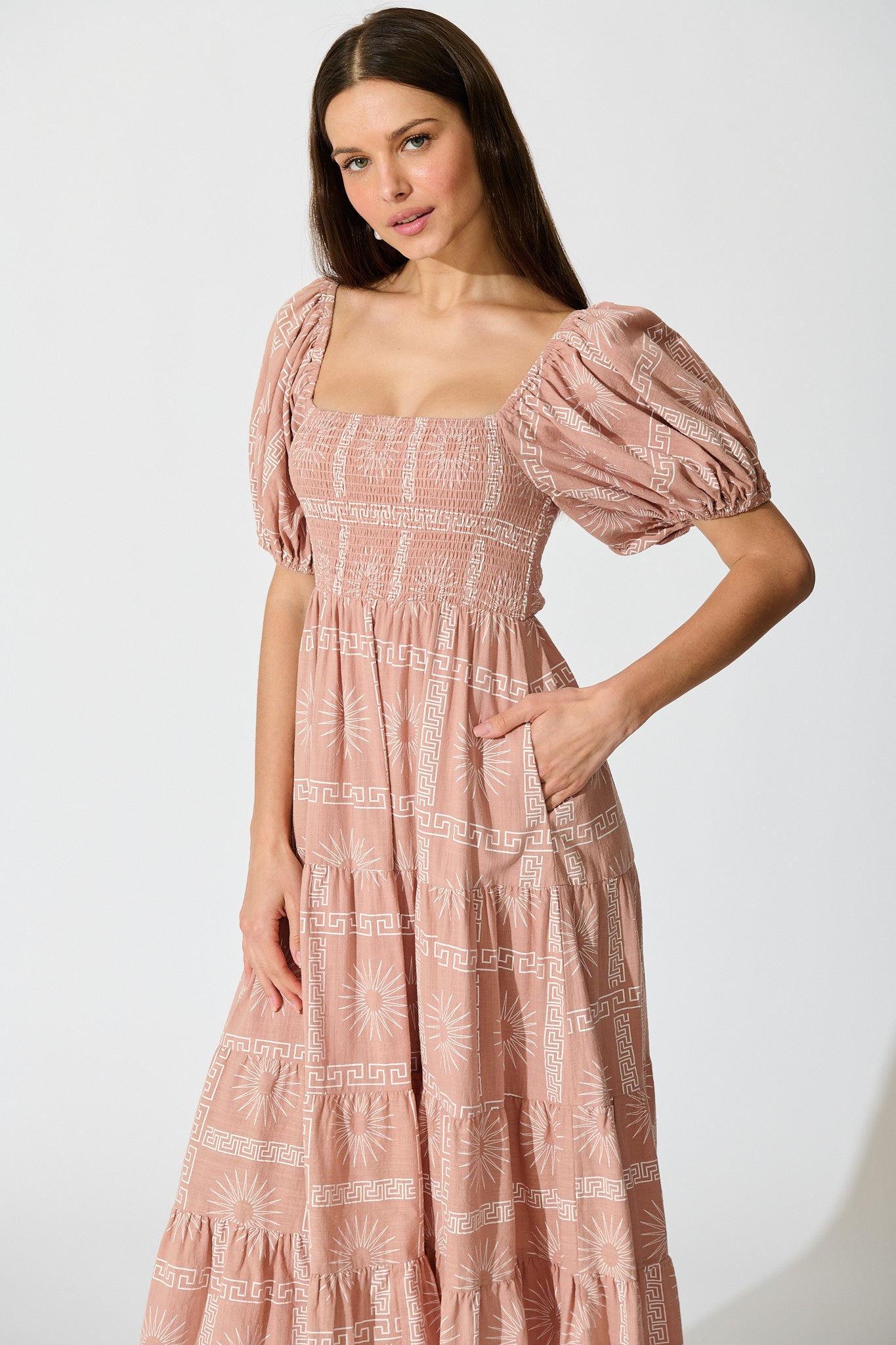 Oden Midi Dress in Dusty Pink Tile Print Cotton