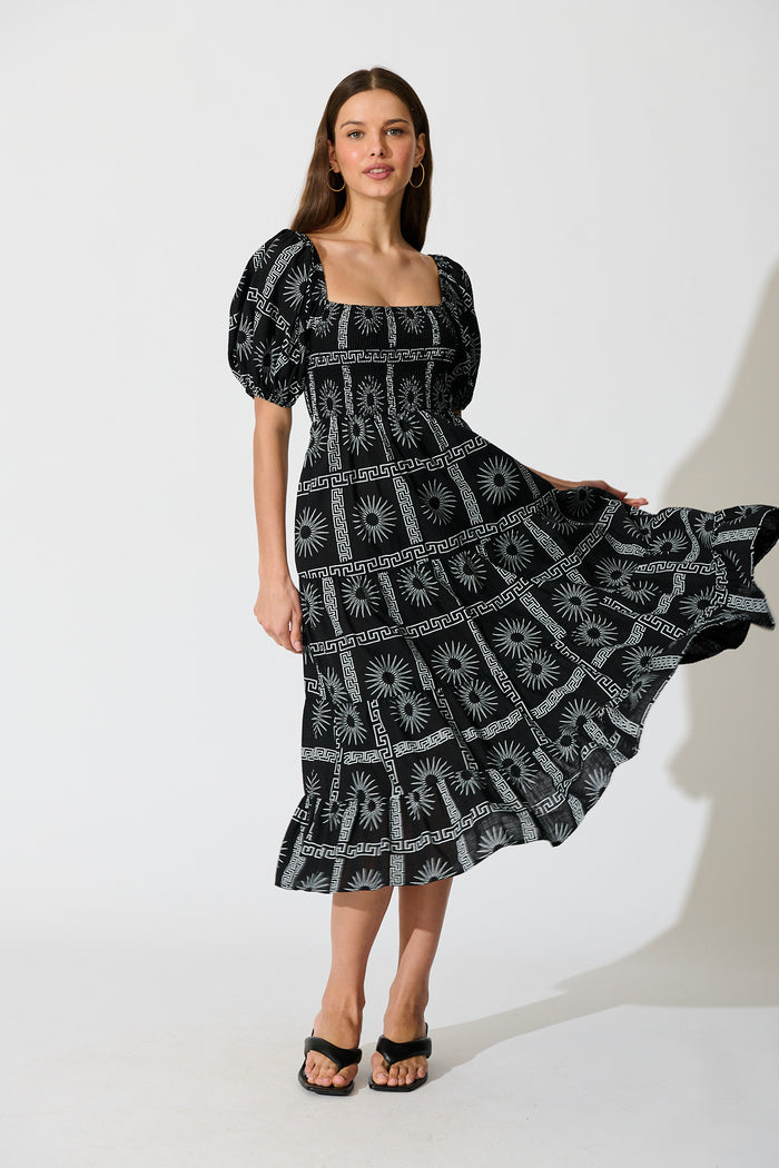 Oden Midi Dress in Black Tile Print Cotton full length