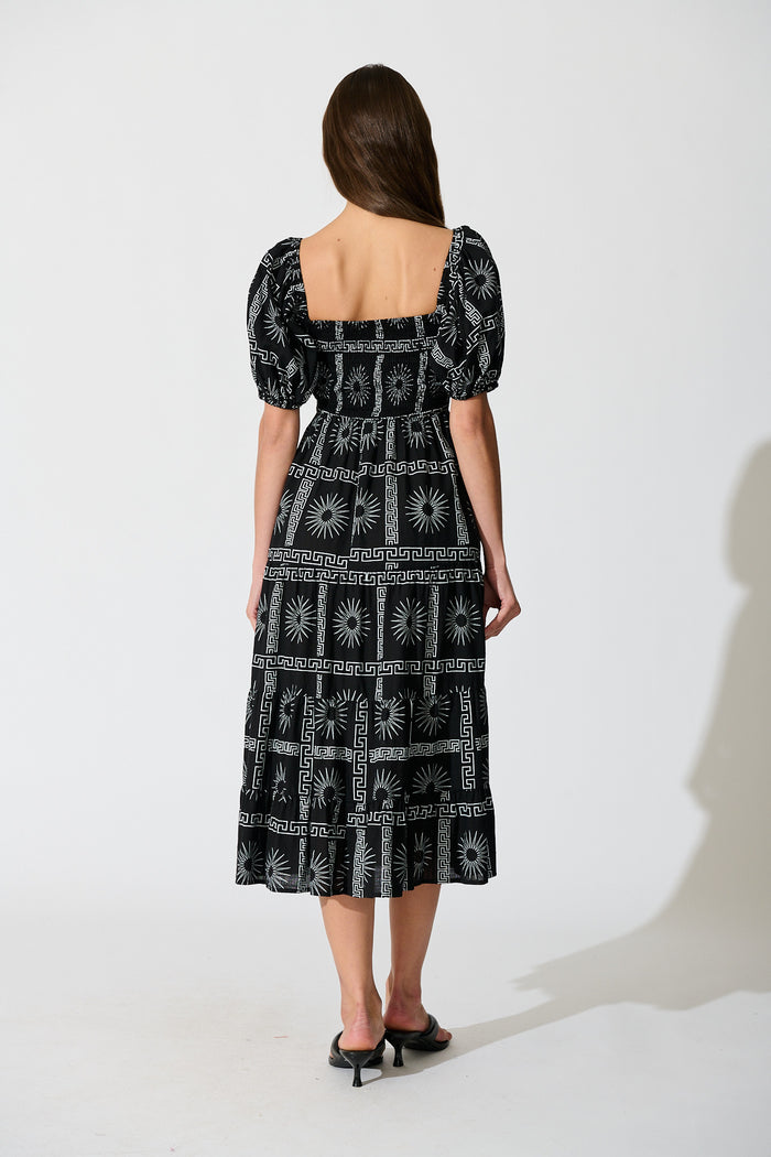 Oden Midi Dress in Black Tile Print Cotton back