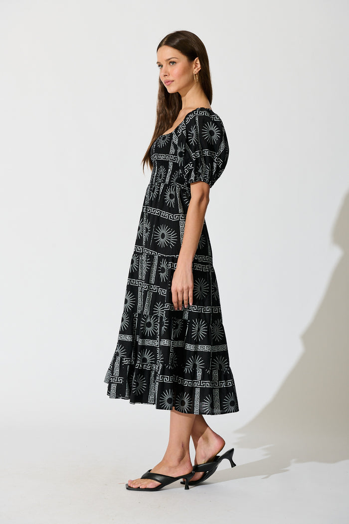 Oden Midi Dress in Black Tile Print Cotton | St Frock  St Frock