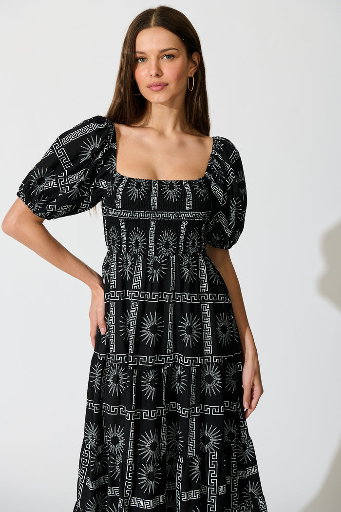 Oden Midi Dress in Black Tile Print Cotton front