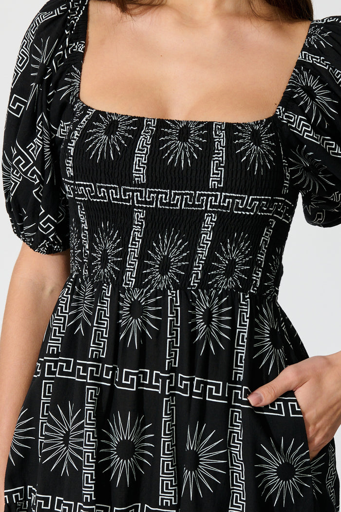 Oden Midi Dress in Black Tile Print Cotton detail