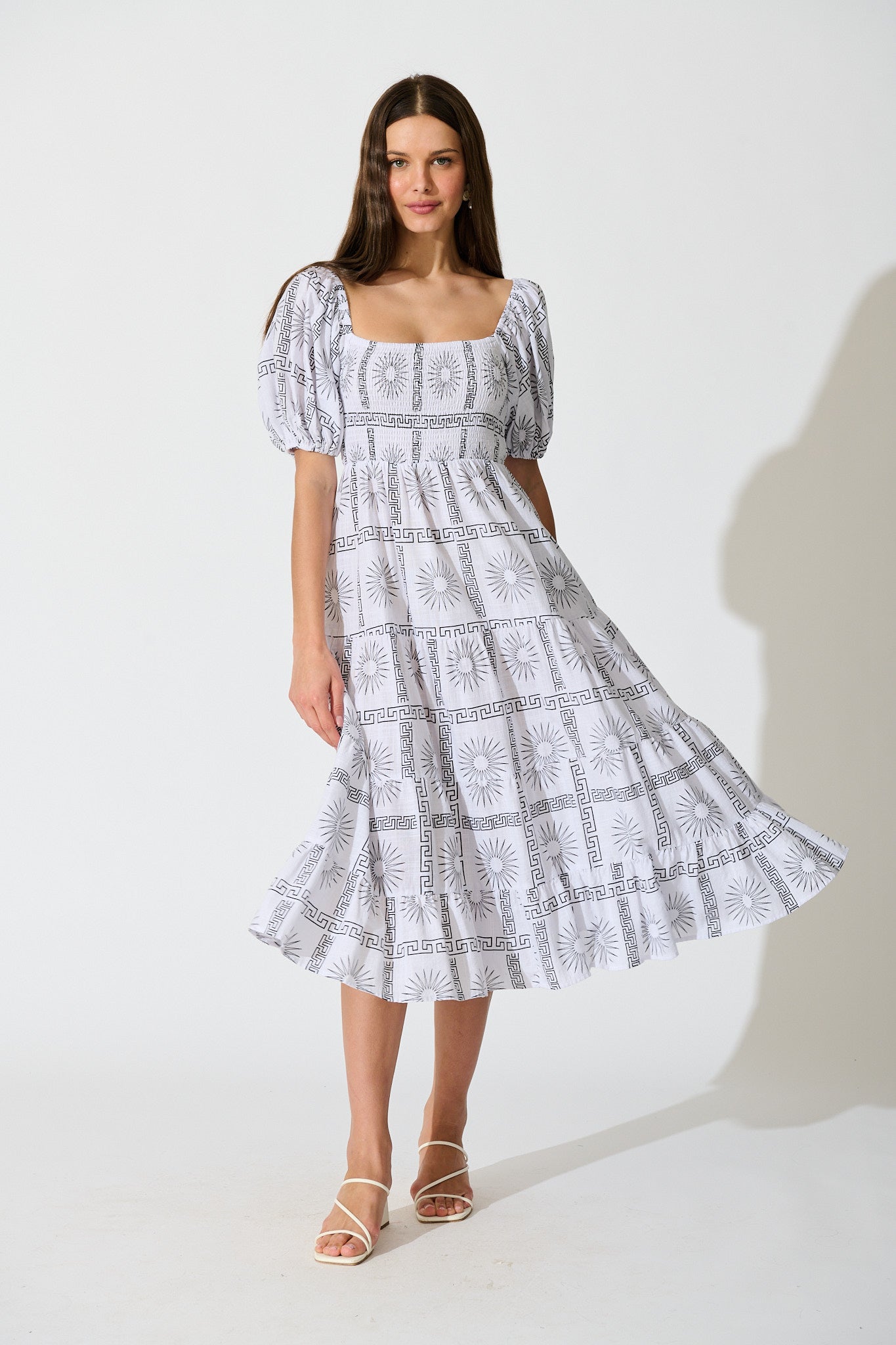 Oden Midi Dress in White Tile Print Cotton full length