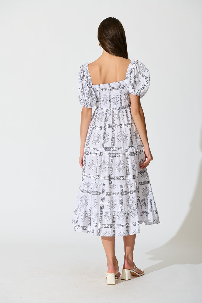 Oden Midi Dress in White Tile Print Cotton back
