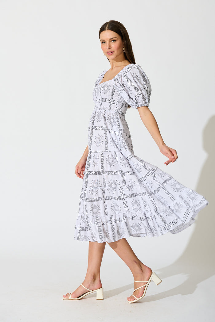 Oden Midi Dress in White Tile Print Cotton side