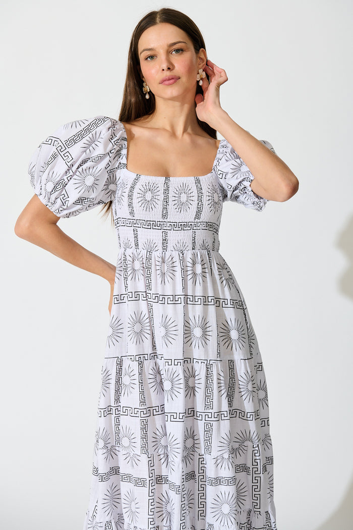 Oden Midi Dress in White Tile Print Cotton front