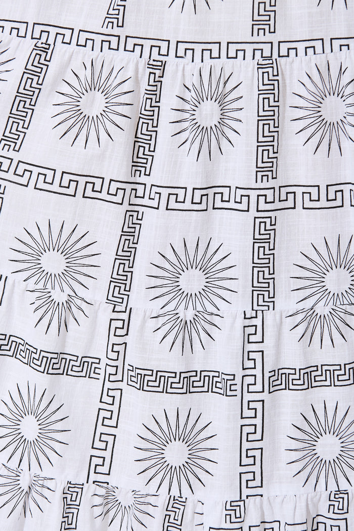 Oden Midi Dress in White Tile Print Cotton fabric