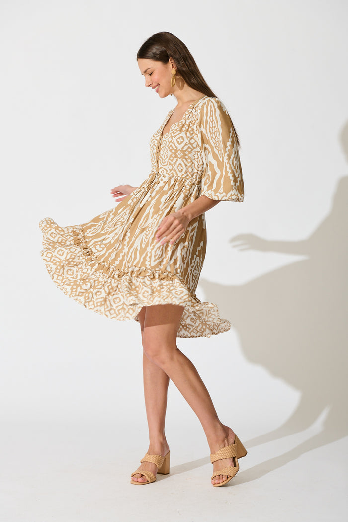 Allora Dress in Beige and White Boho Print side