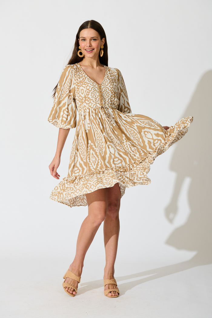 Allora Dress in Beige and White Boho Print full length