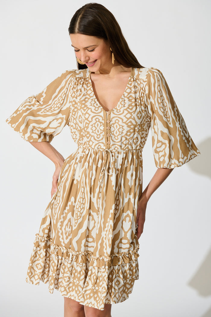 Allora Dress in Beige and White Boho Print front