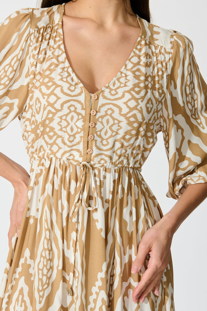 Allora Dress in Beige and White Boho Print detail