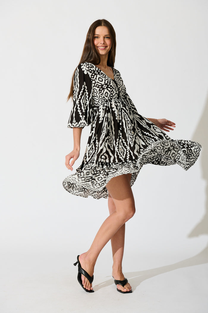 Allora Dress in Black and White Boho Print full length