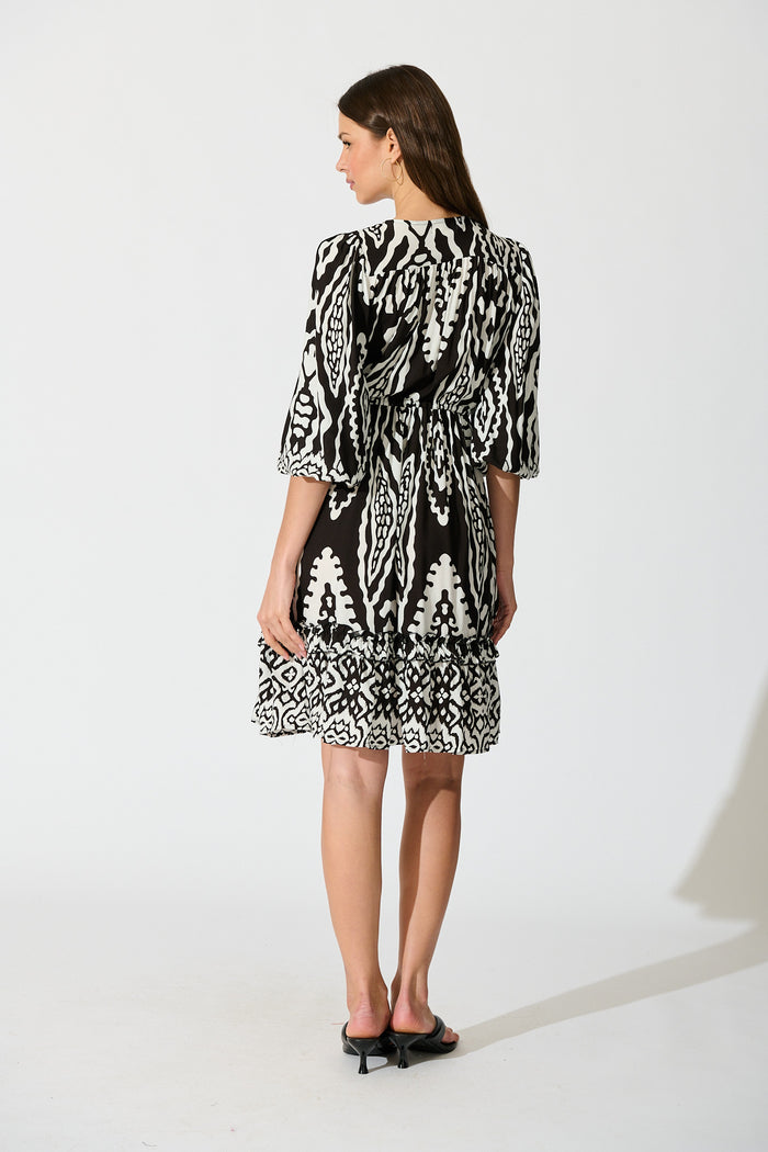 Allora Dress in Black and White Boho Print back