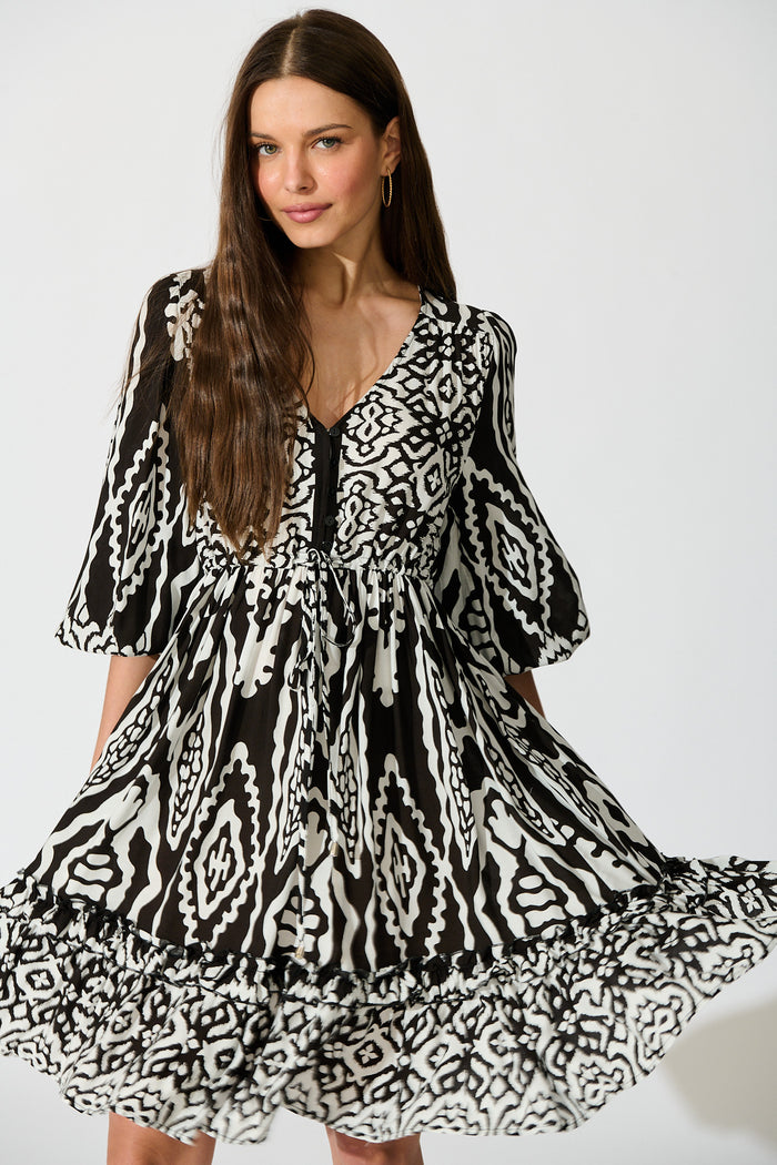 Allora Dress in Black and White Boho Print front