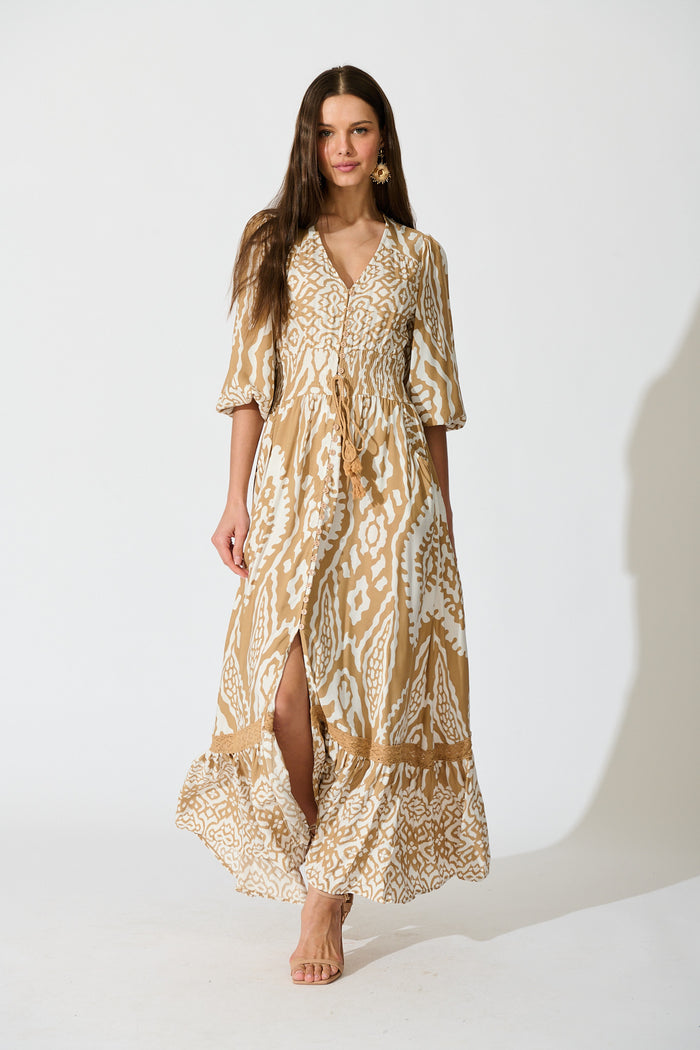 Amarie Maxi Dress in Beige and White Boho Print full length