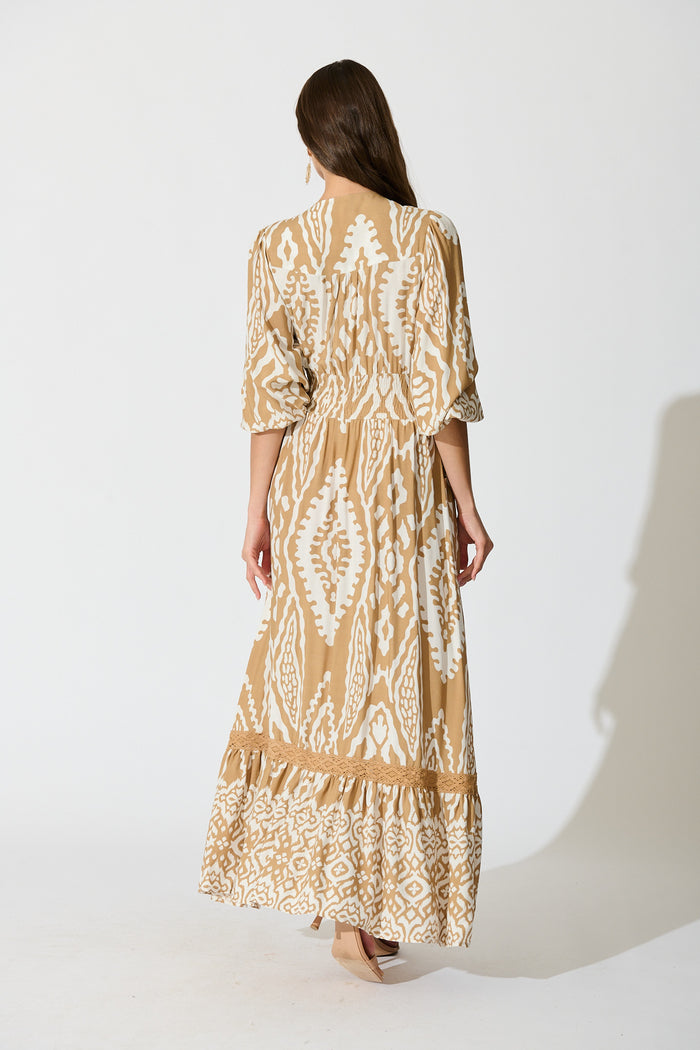 Amarie Maxi Dress in Beige and White Boho Print