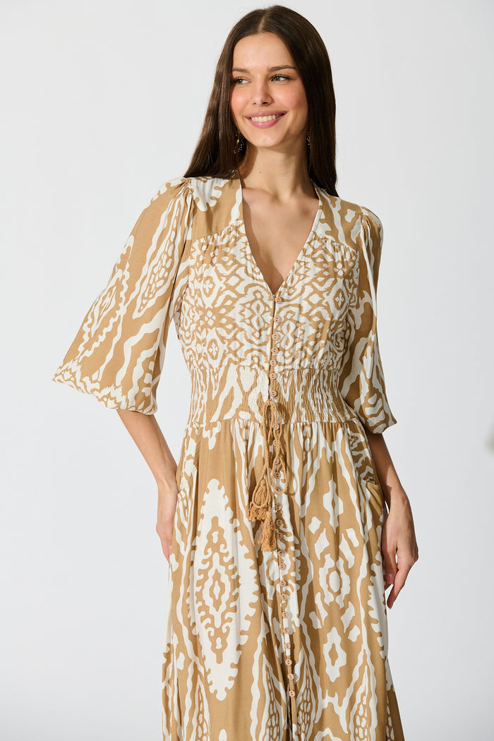 Amarie Maxi Dress in Beige and White Boho Print front