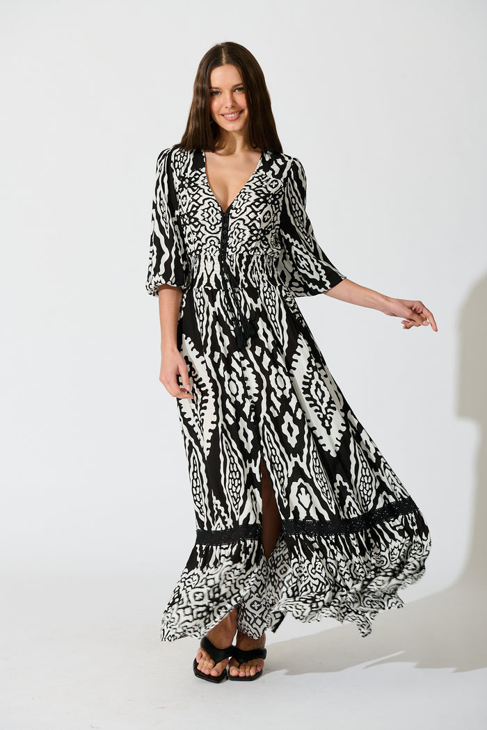 Amarie Maxi Dress in Black and White Boho Print full length