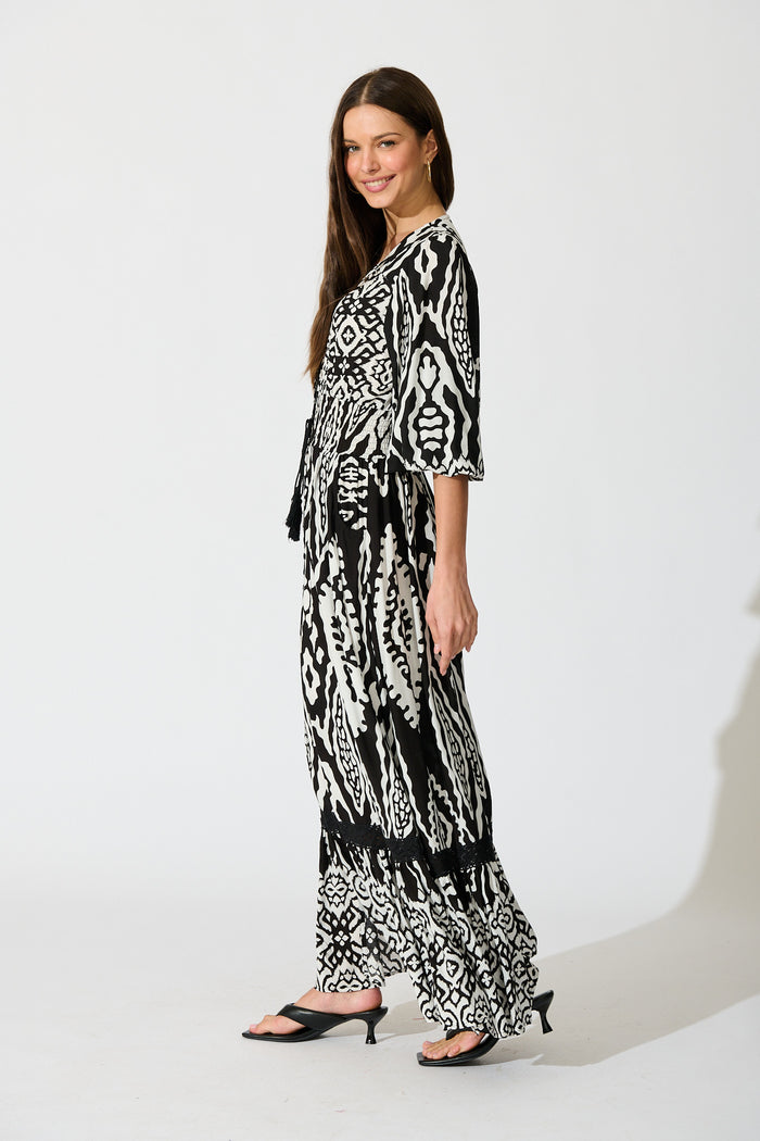 Amarie Maxi Dress in Black and White Boho Print side