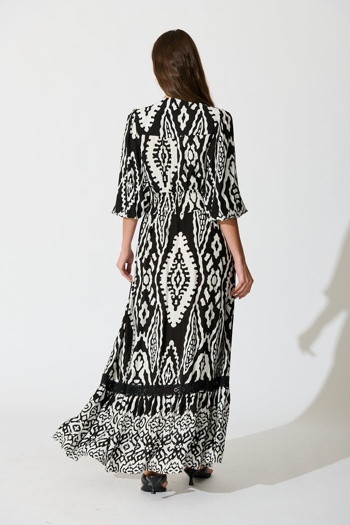 Amarie Maxi Dress in Black and White Boho Print back