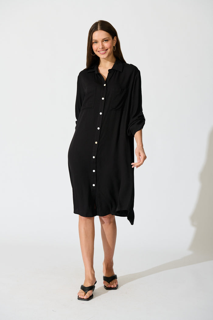 Silvena Midi Shirt Dress in Black full length