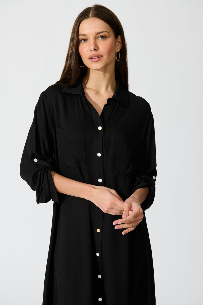 Silvena Midi Shirt Dress in Black front