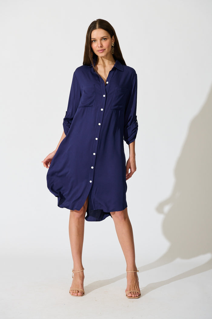 Silvena Midi Shirt Dress in Navy full length