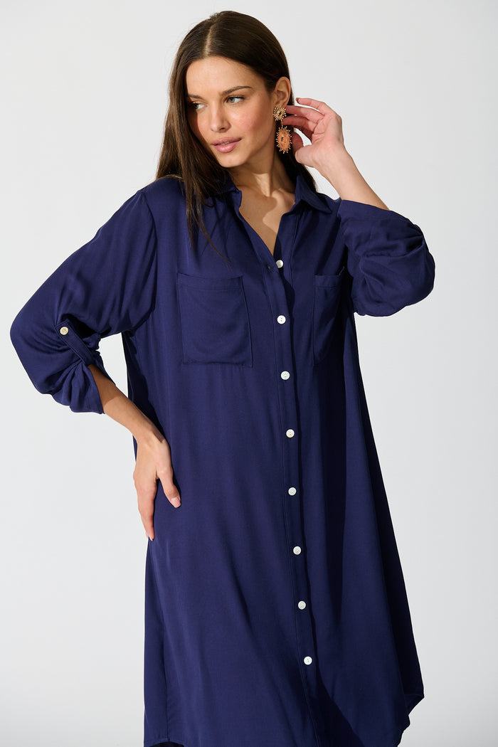 Silvena Midi Shirt Dress in Navy front