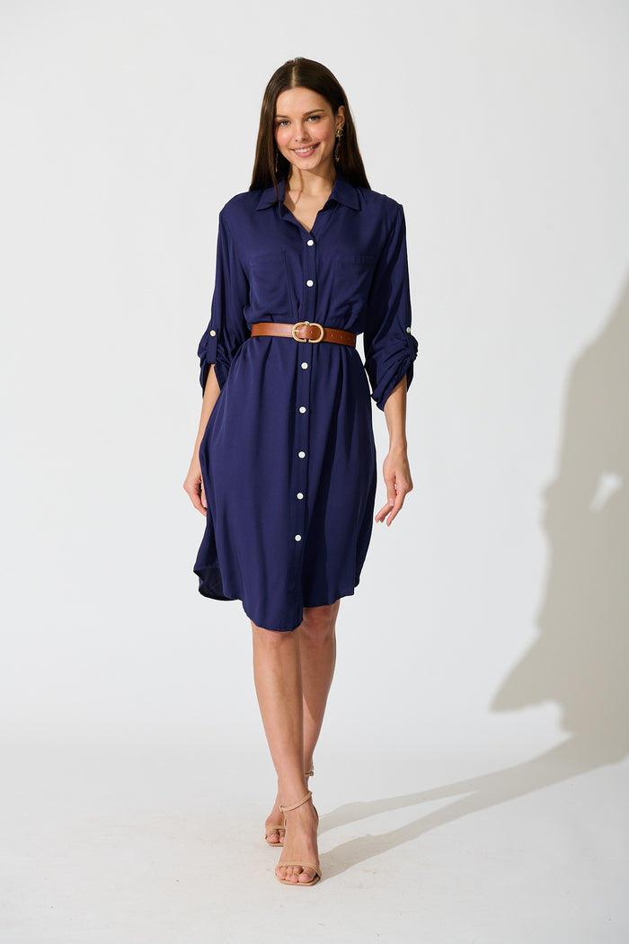 Silvena Midi Shirt Dress in Navy full length