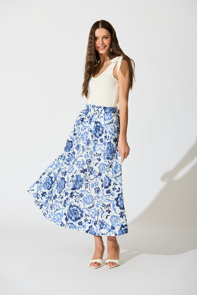 Florabel Maxi Skirt in White with Blue Floral Embroidery full length