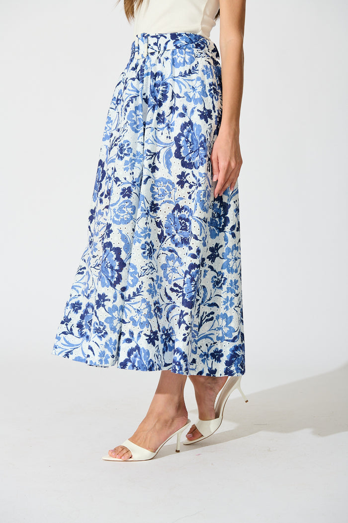 Florabel Maxi Skirt in White with Blue Floral Embroidery side