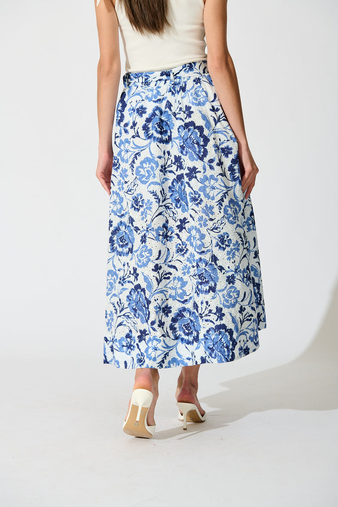 Florabel Maxi Skirt in White with Blue Floral Embroidery back
