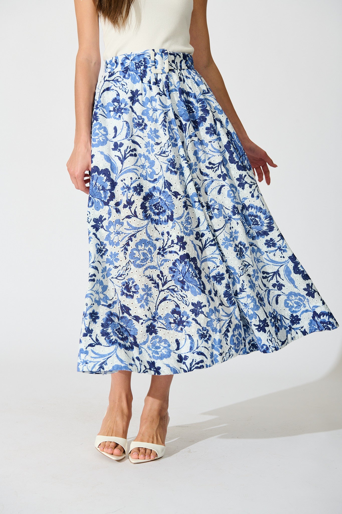 Florabel Maxi Skirt in White with Blue Floral Embroidery front