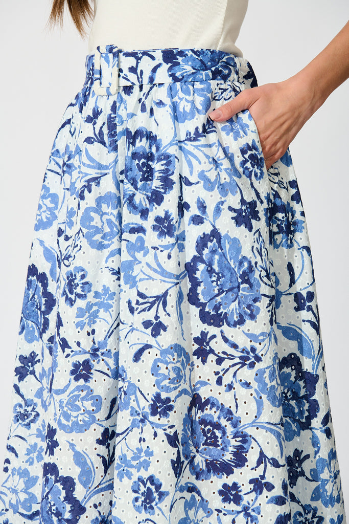 Florabel Maxi Skirt in White with Blue Floral Embroidery detail