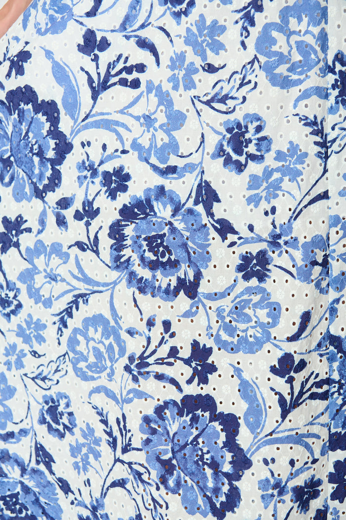 Florabel Maxi Skirt in White with Blue Floral Embroidery fabric