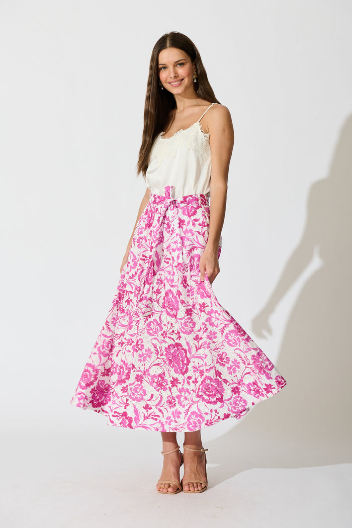 Florabel Maxi Skirt in White with Pink Floral Embroidery full length