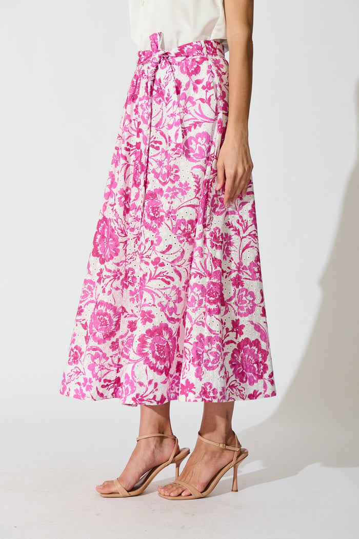 Florabel Maxi Skirt in White with Pink Floral Embroidery side