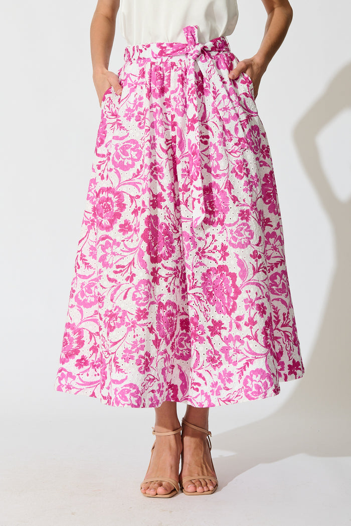 Florabel Maxi Skirt in White with Pink Floral Embroidery front