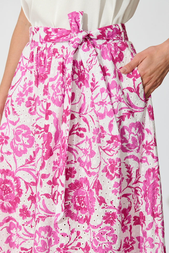 Florabel Maxi Skirt in White with Pink Floral Embroidery detail