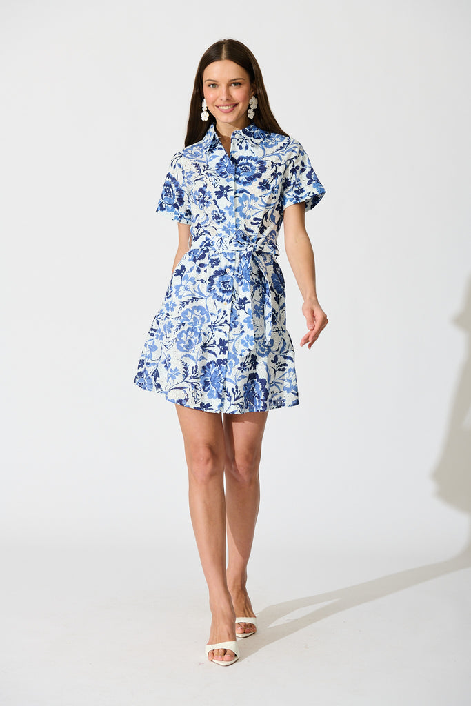 Kylea Shirt Dress in White with Blue Floral Embroidery full length