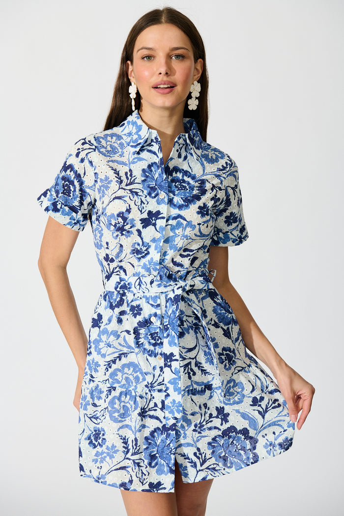 Kylea Shirt Dress in White with Blue Floral Embroidery front