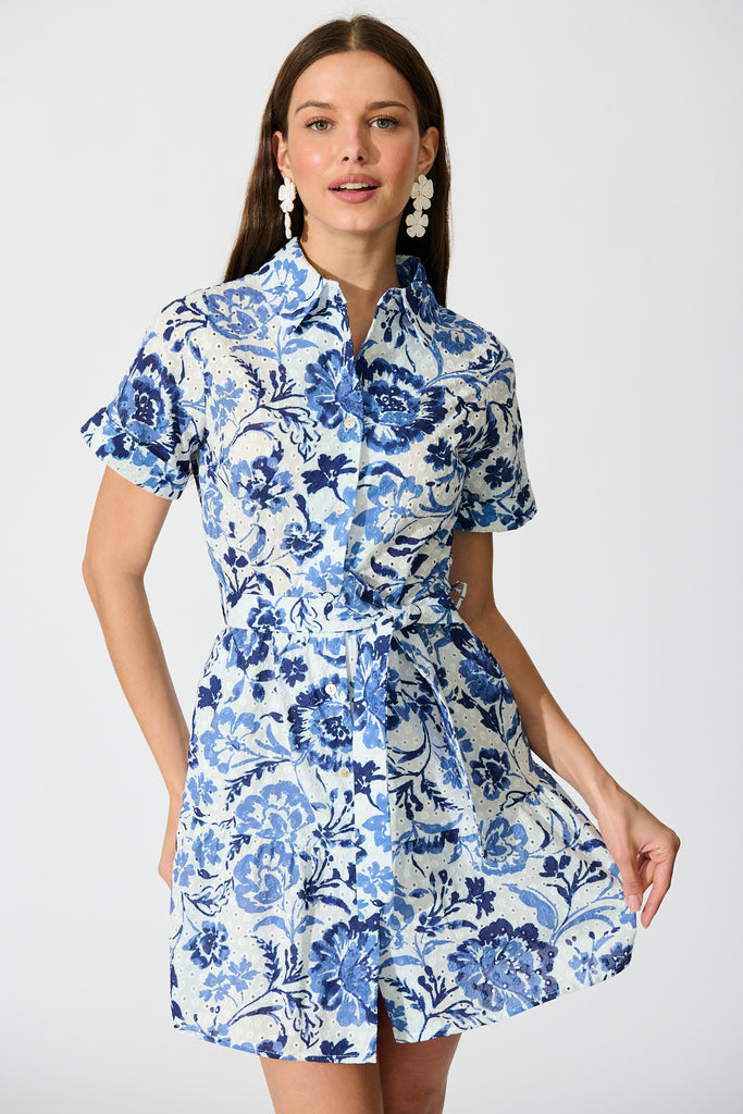 Kylea Shirt Dress in White with Blue Floral Embroidery front