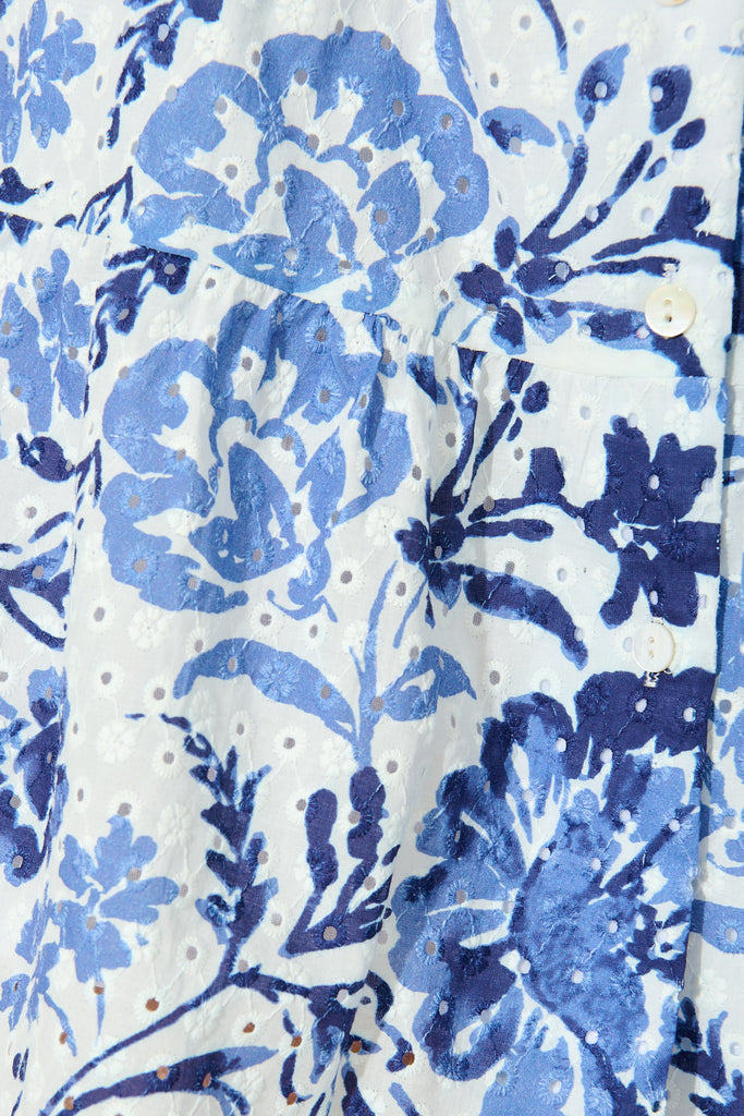Kylea Shirt Dress in White with Blue Floral Embroidery fabric
