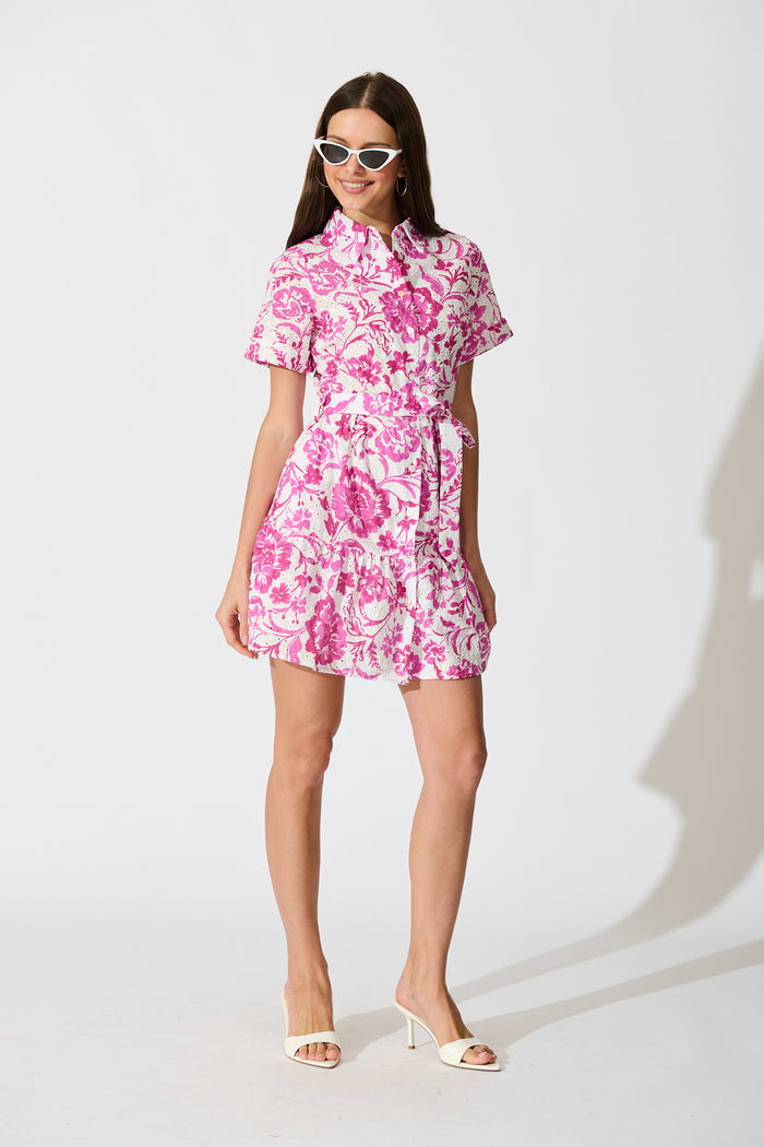 Kylea Shirt Dress in White with Pink Floral Embroidery full length