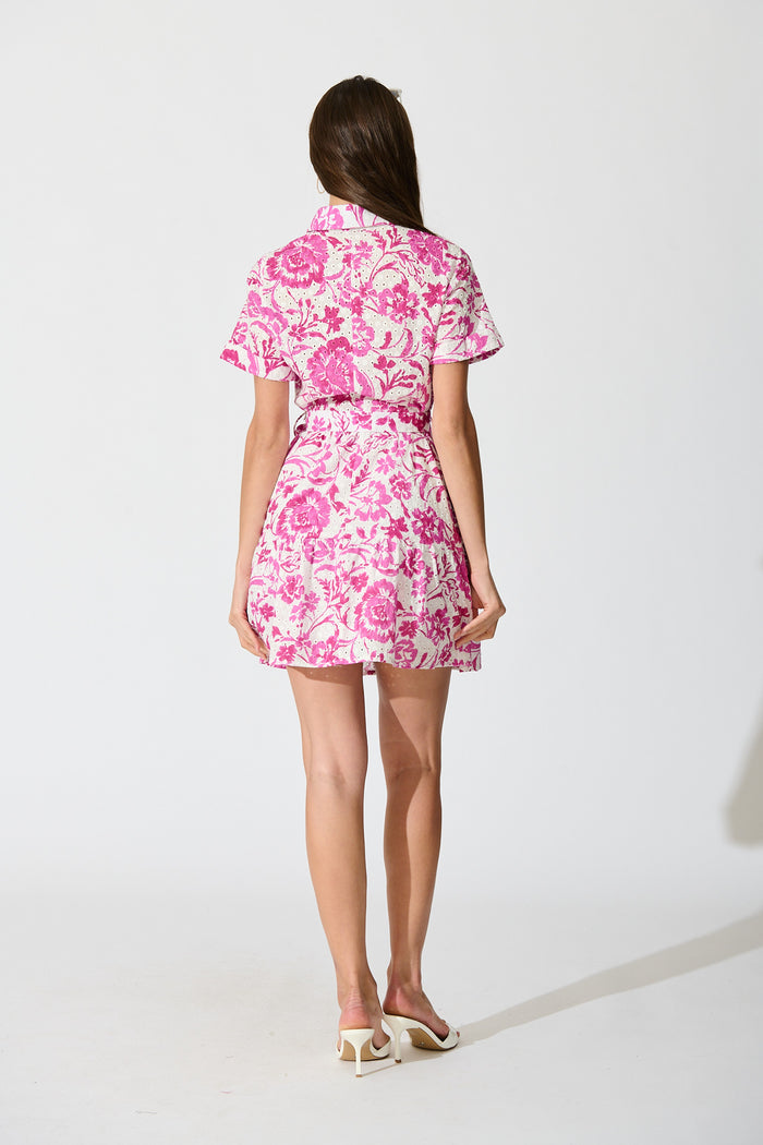 Kylea Shirt Dress in White with Pink Floral Embroidery back