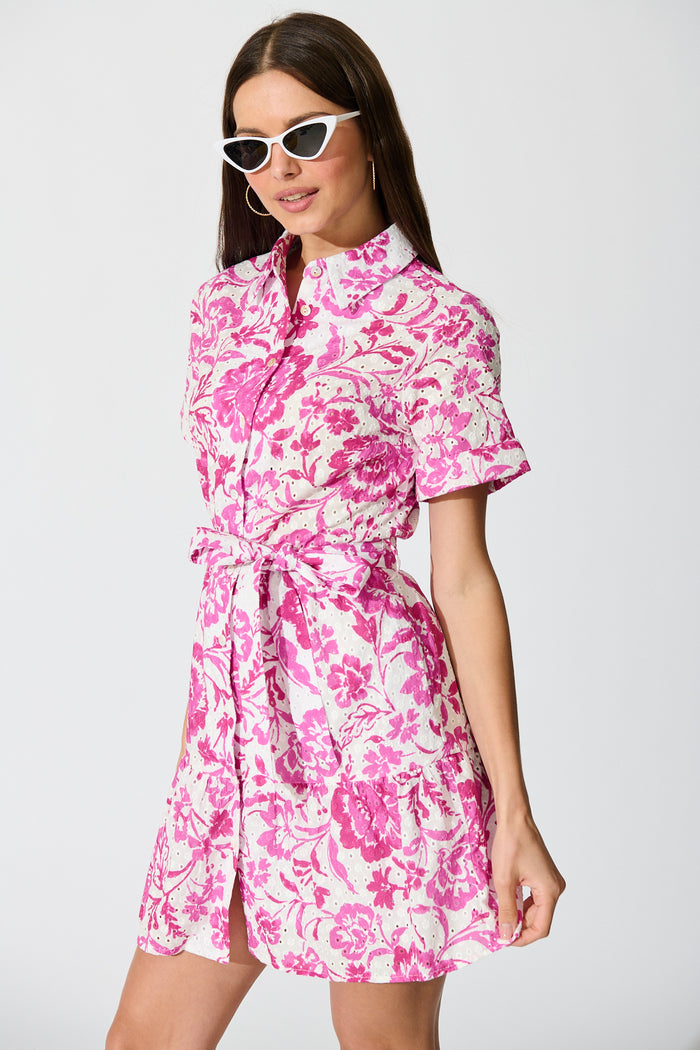 Kylea Shirt Dress in White with Pink Floral Embroidery front