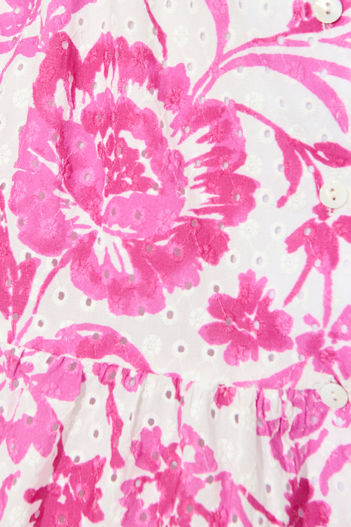 Kylea Shirt Dress in White with Pink Floral Embroidery fabric
