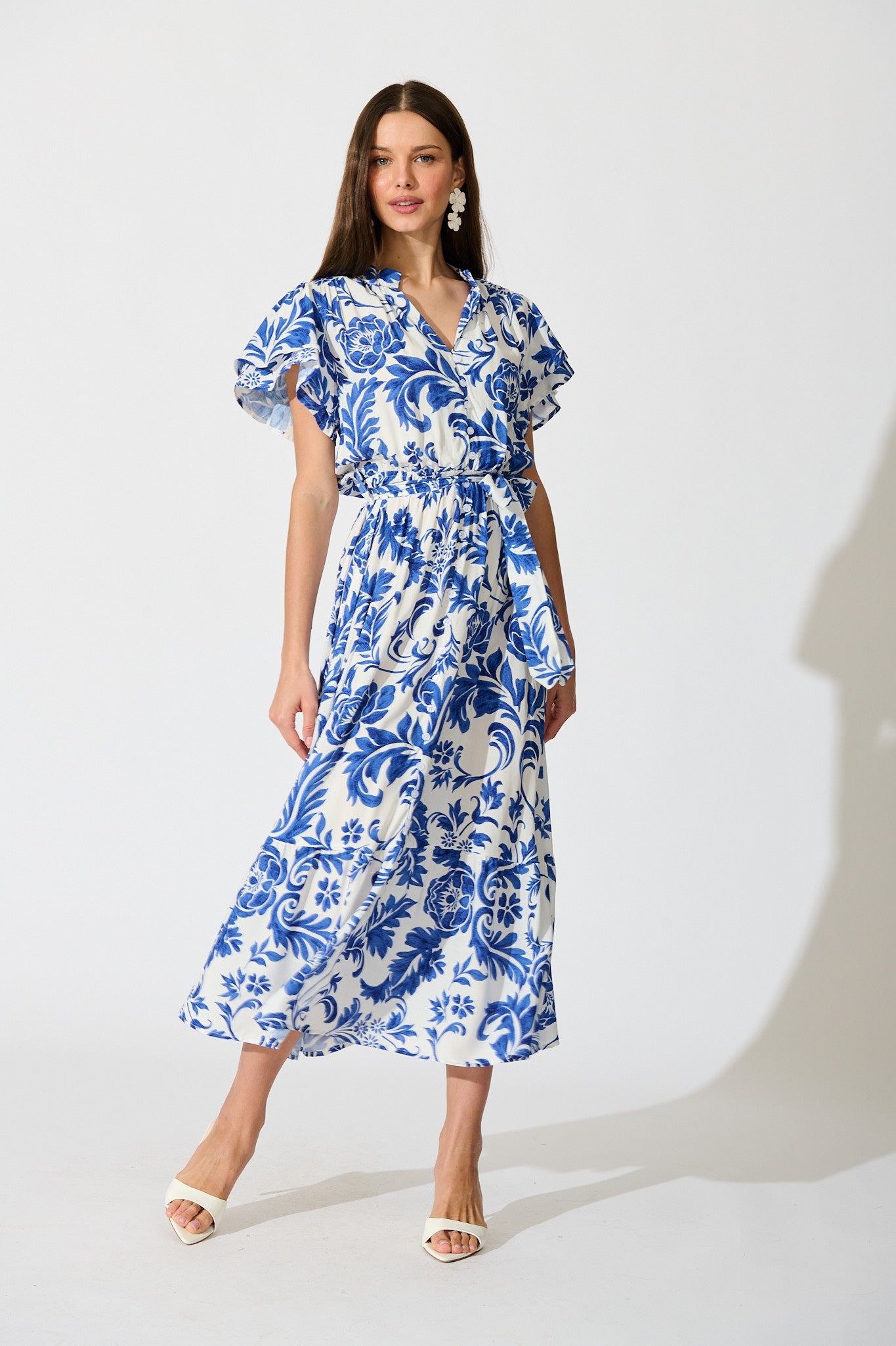 Paisley Fusion Midi Dress in White with Blue Floral full length