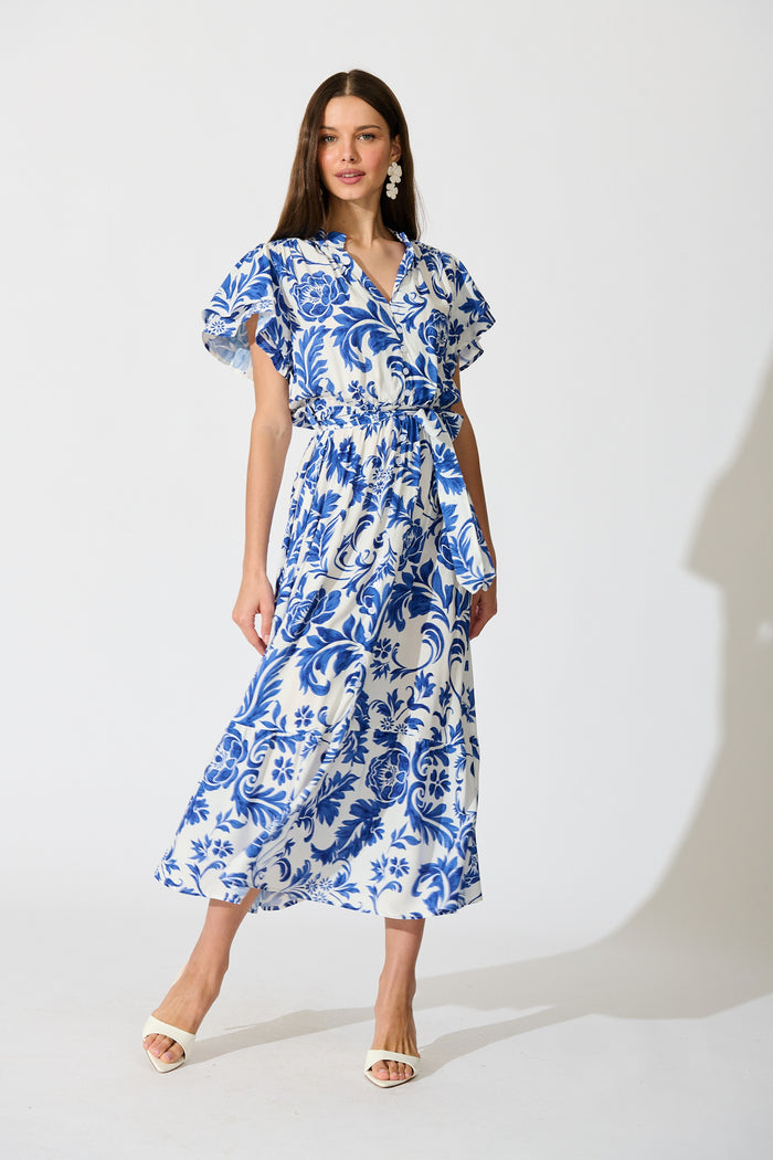 Paisley Fusion Midi Dress in White with Blue Floral full length