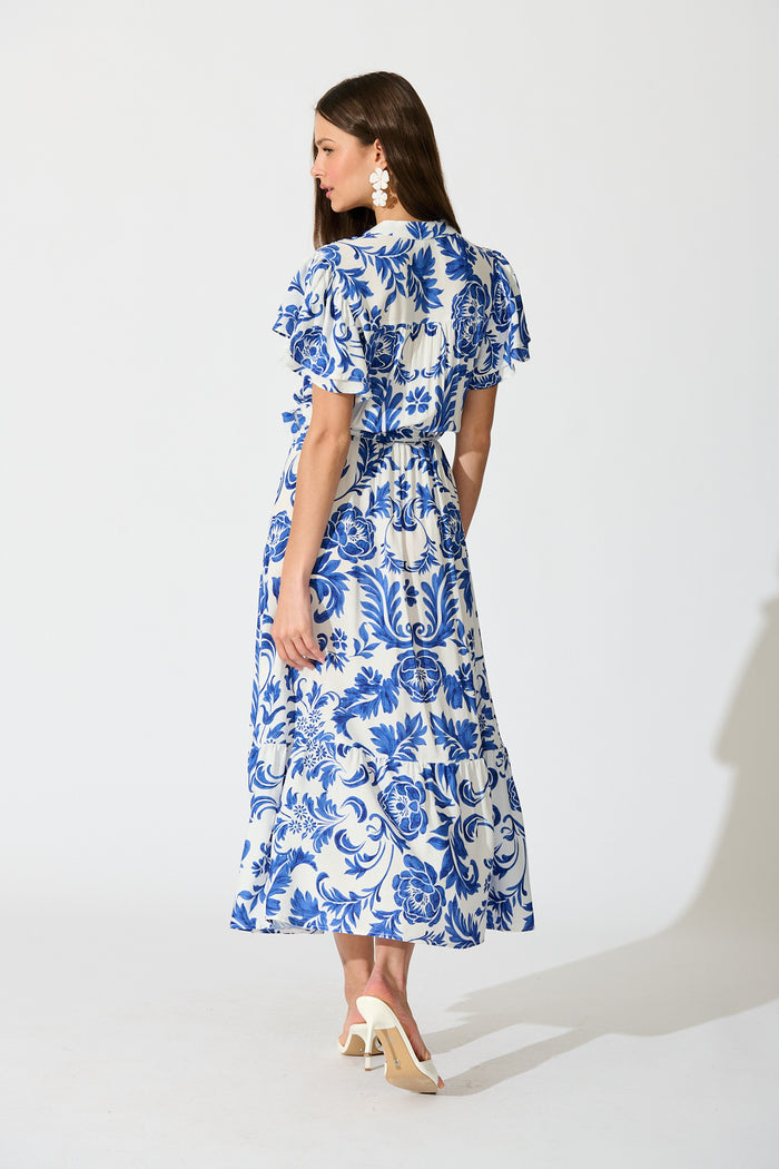 Paisley Fusion Midi Dress in White with Blue Floral back